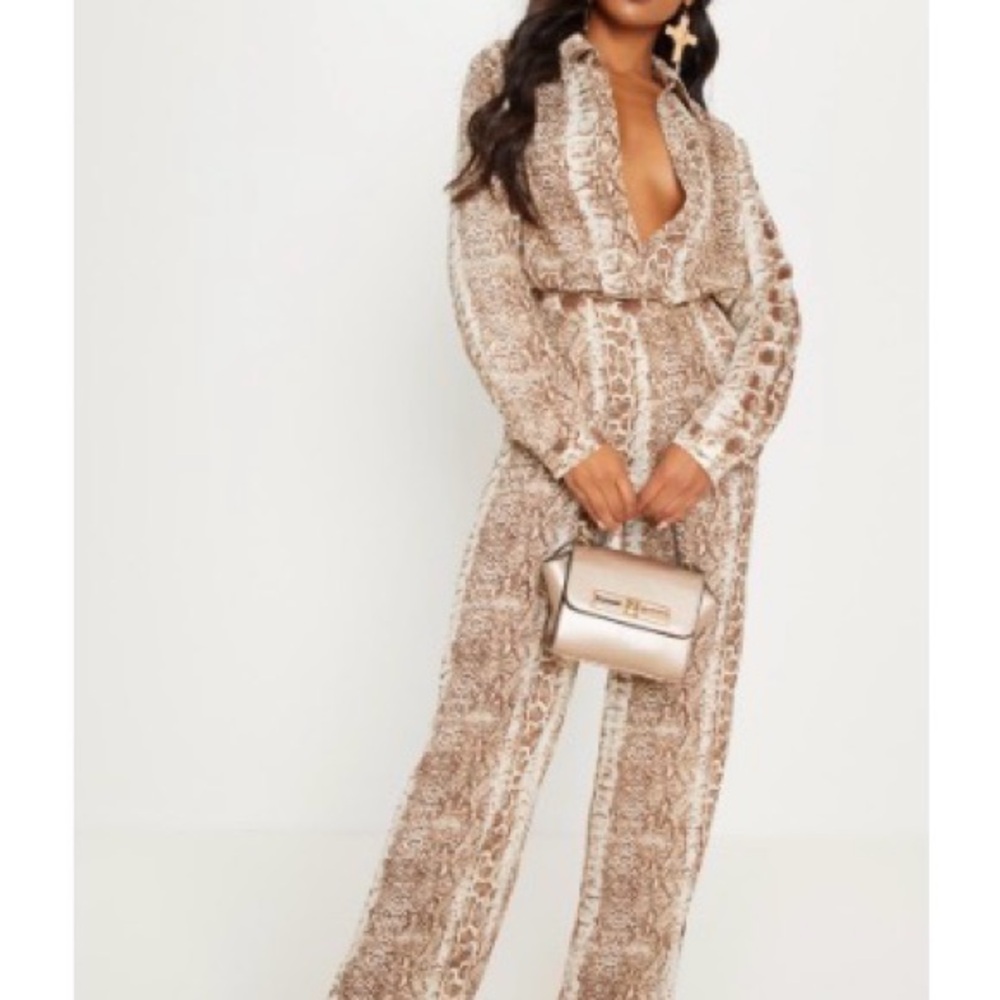 PrettyLittleThing Beige Snake-Print Wide Leg Jumpsuit